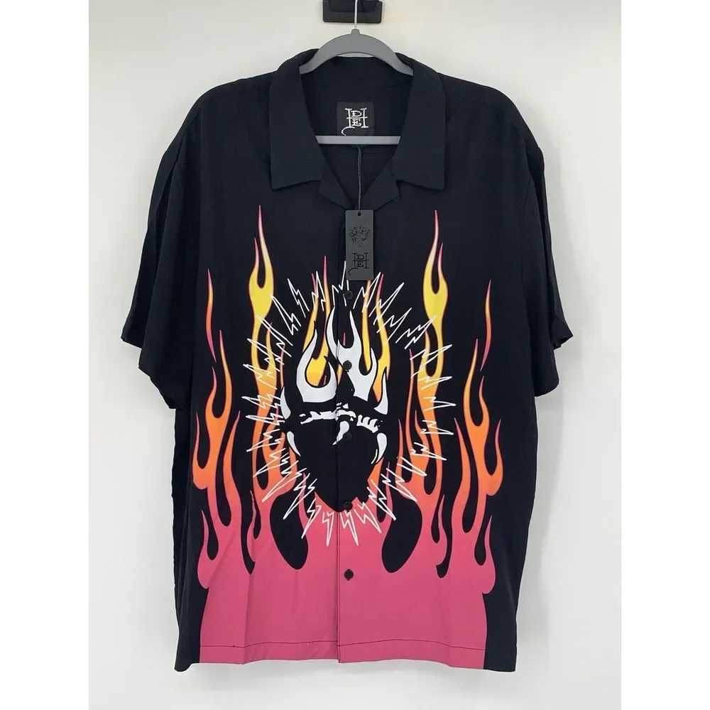 Ed Hardy NWT Tattoo Black Fire Heart Short Sleeve Button Up Men's Shirt Size Sm‎